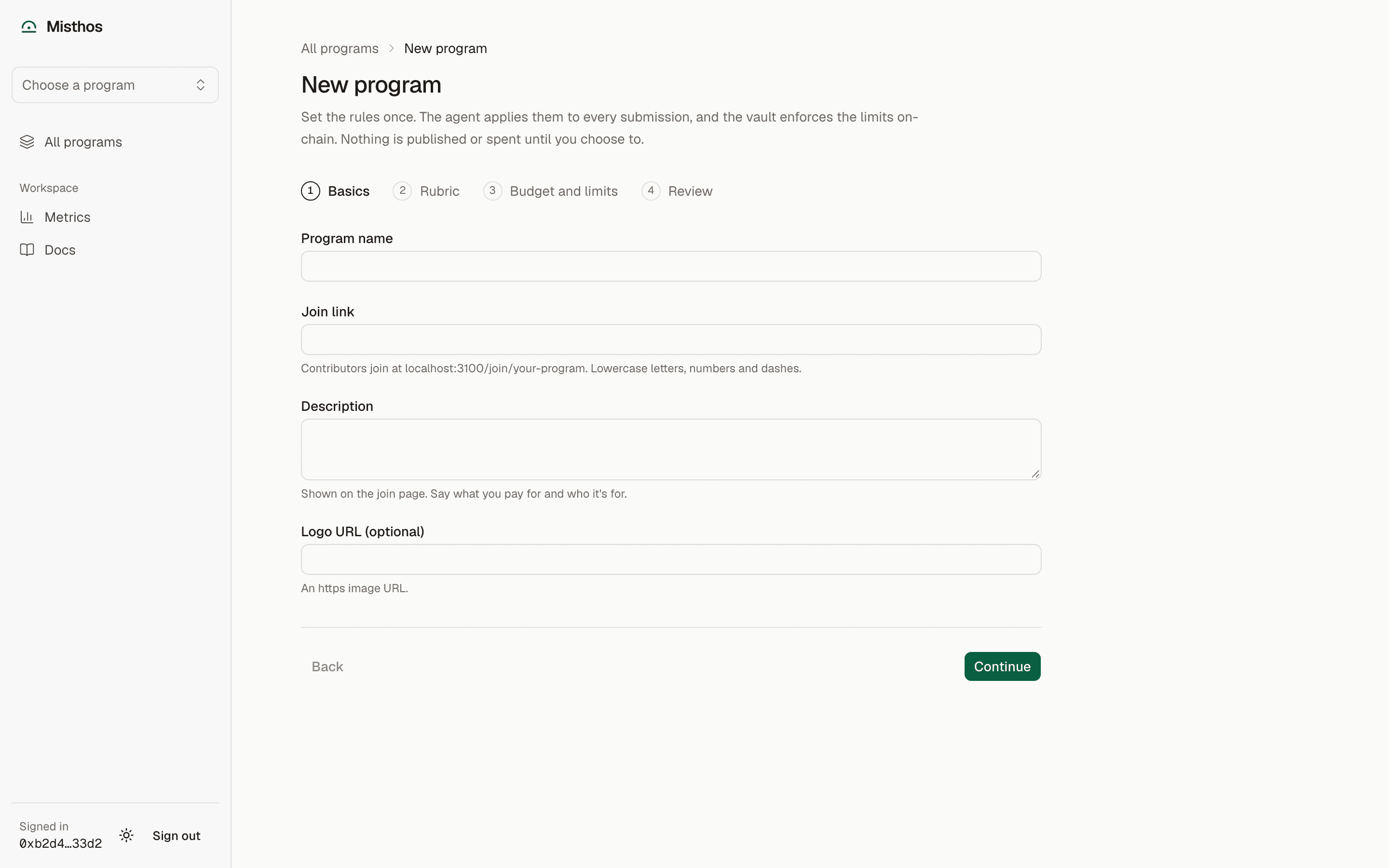 The program settings page with the vault and its limits